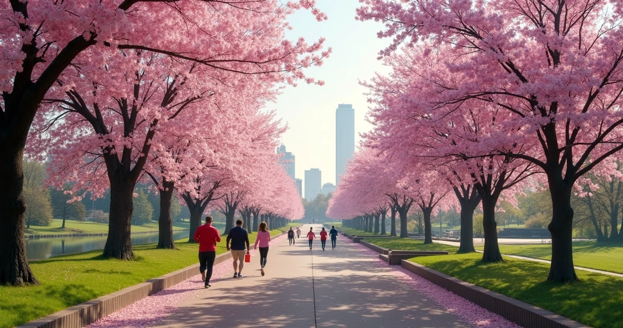 Cherry blossoms in Branch Brook Park with city skyline behind 
