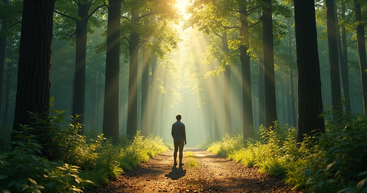 Person standing at a fork in a forest trail with paths leading in different directions. 