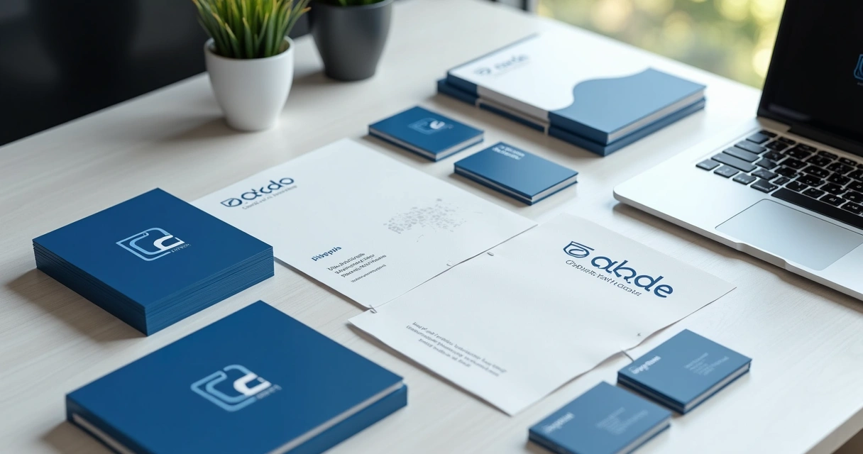 Brand items arranged with matching colors, logos, and business materials