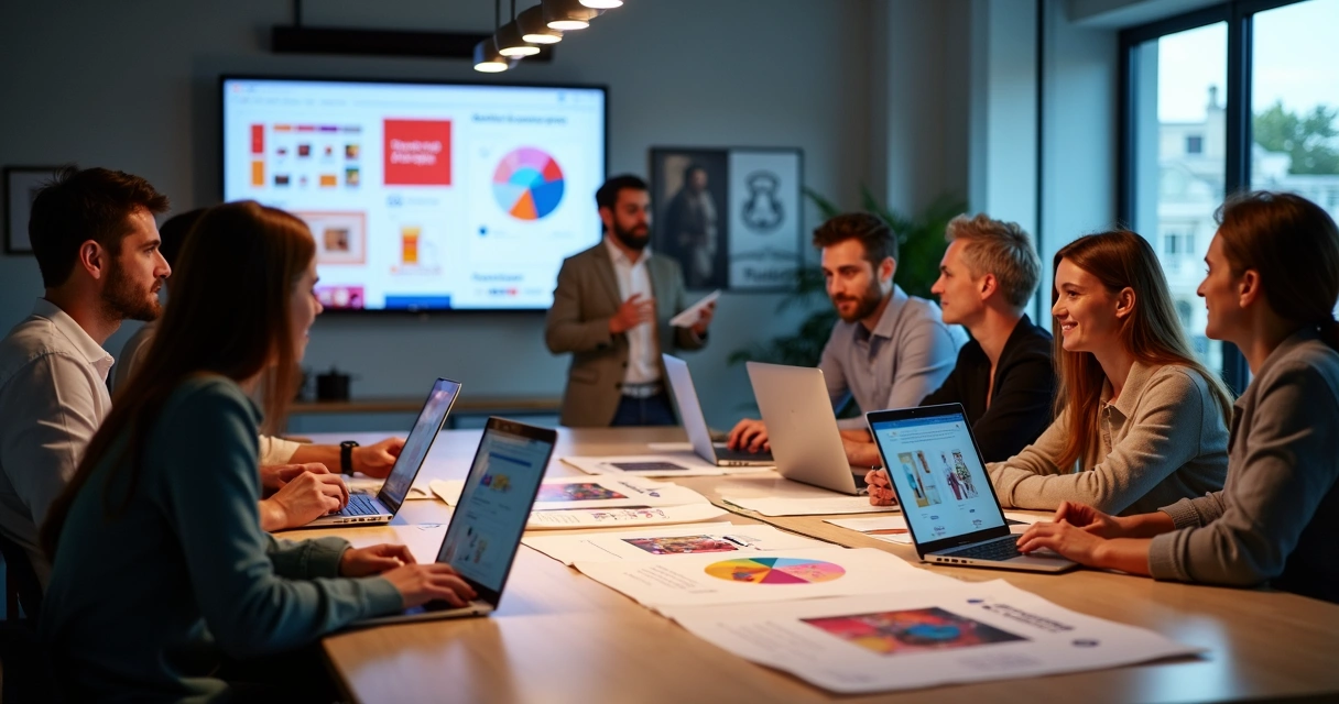 Marketing team reviewing AI-generated ad creatives for brand consistency.