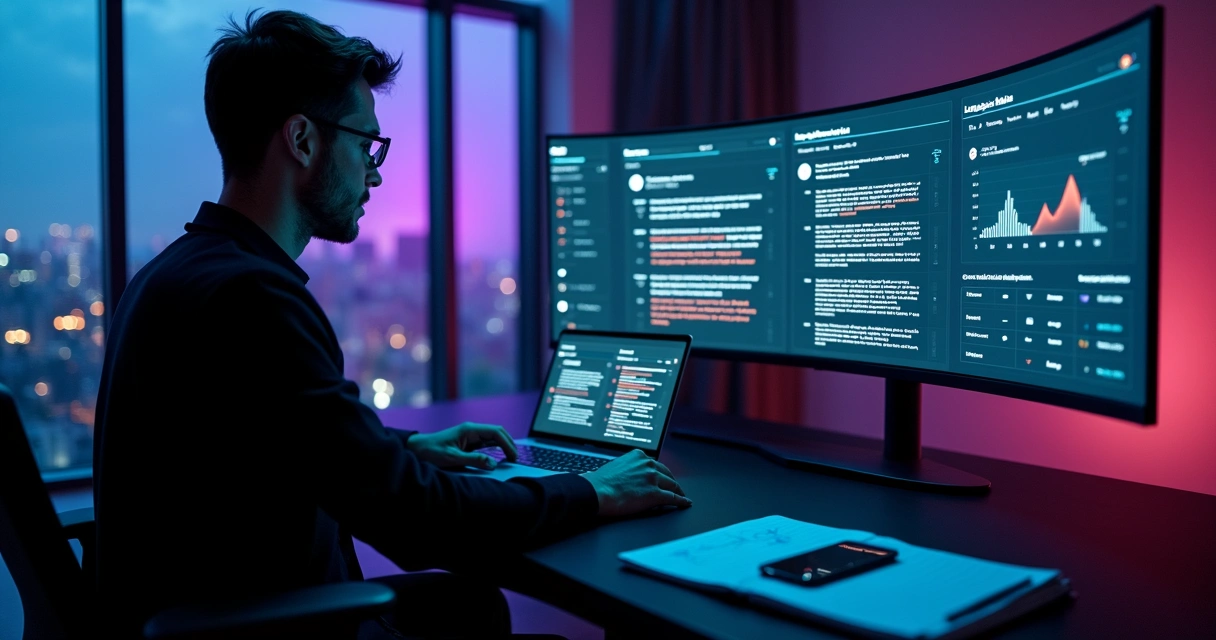 Marketing professional reviewing AI brand reputation dashboard with flagged false information 