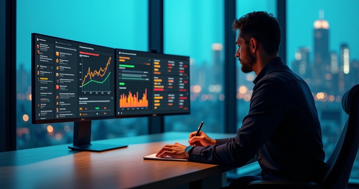 Marketing manager monitoring AI-generated reviews and brand reputation on multiple screens 