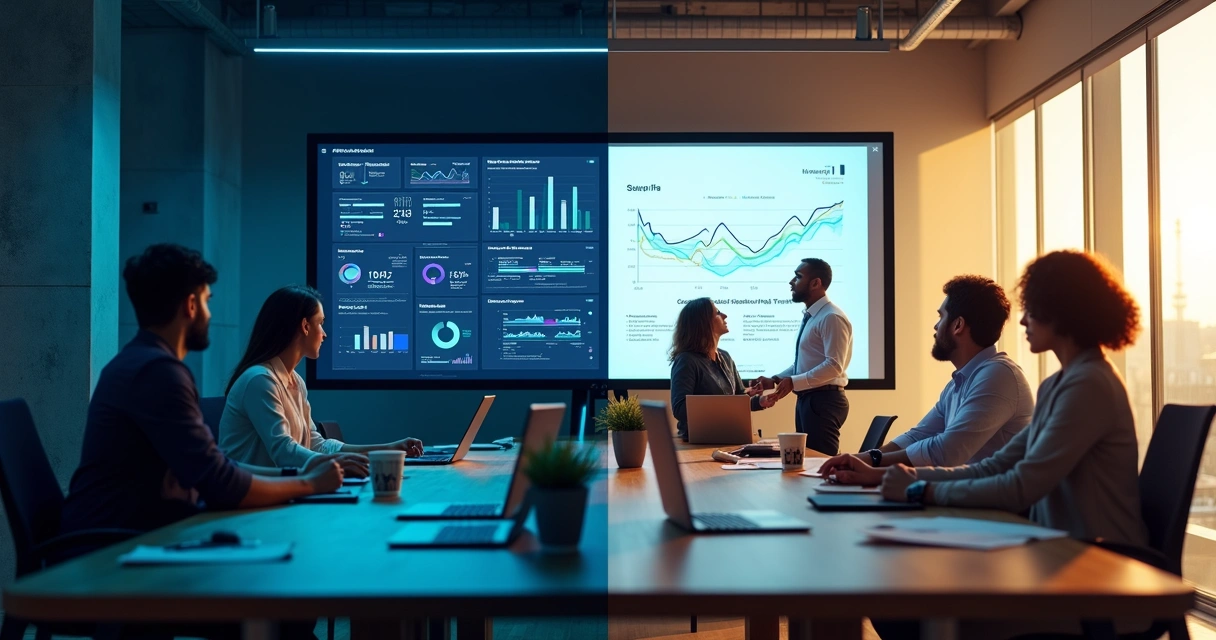 Split screen comparison of digital brand monitoring dashboard and crisis consultants in a meeting 