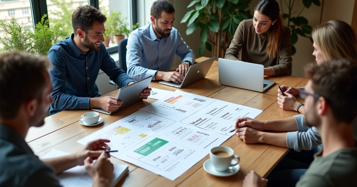 Team choosing a brand name together around a table with options and laptops