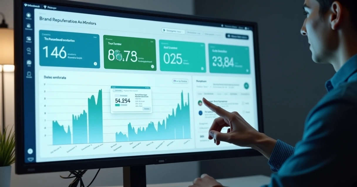 Dashboard showing real-time brand reputation monitoring with graphs, sentiment, and AI-generated summaries