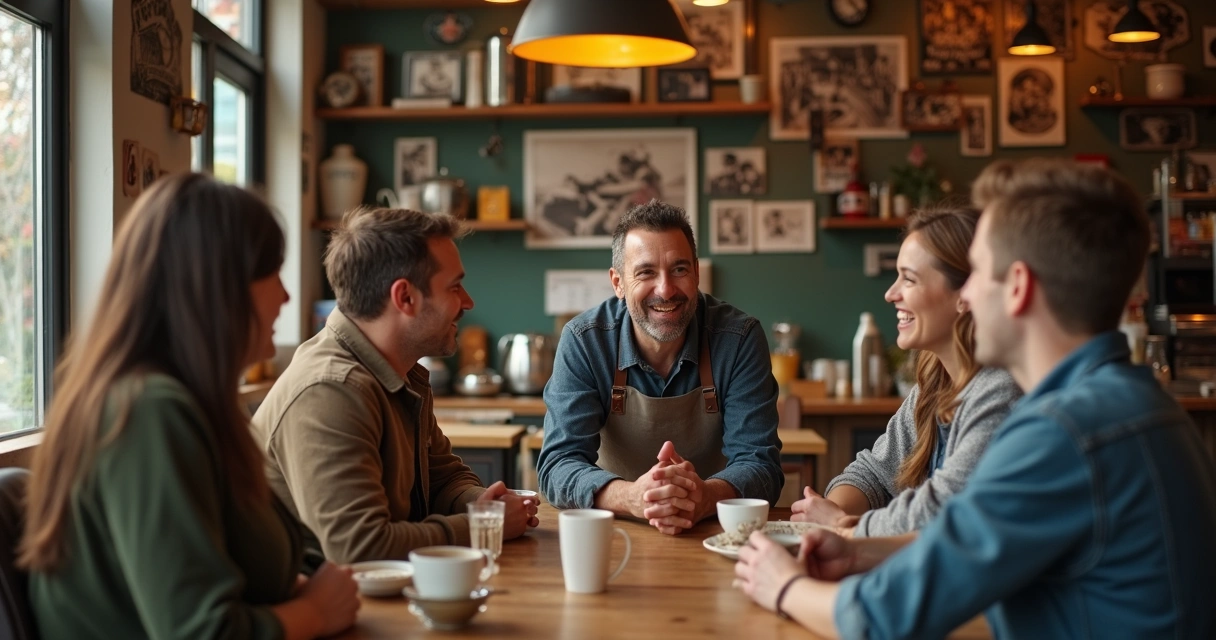 Brand storytelling scene with a business owner interacting with customers
