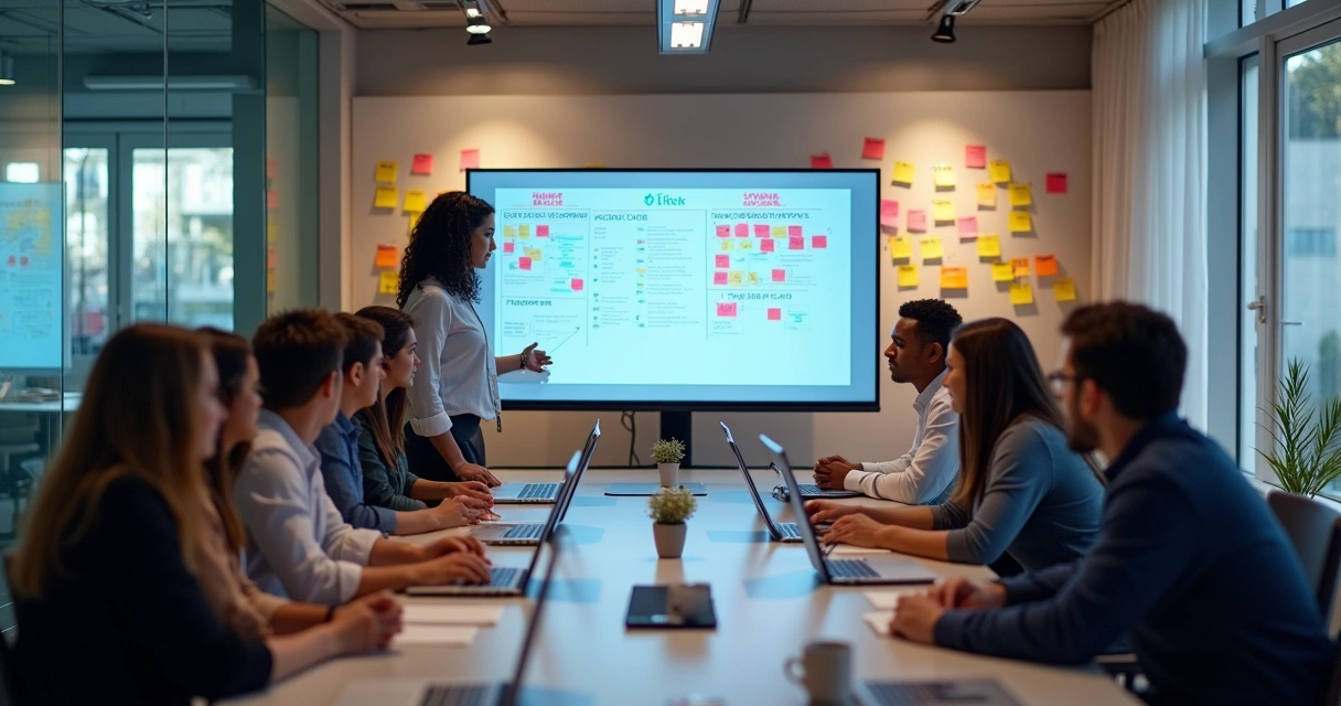 Business team studying short-form videos on screens.
