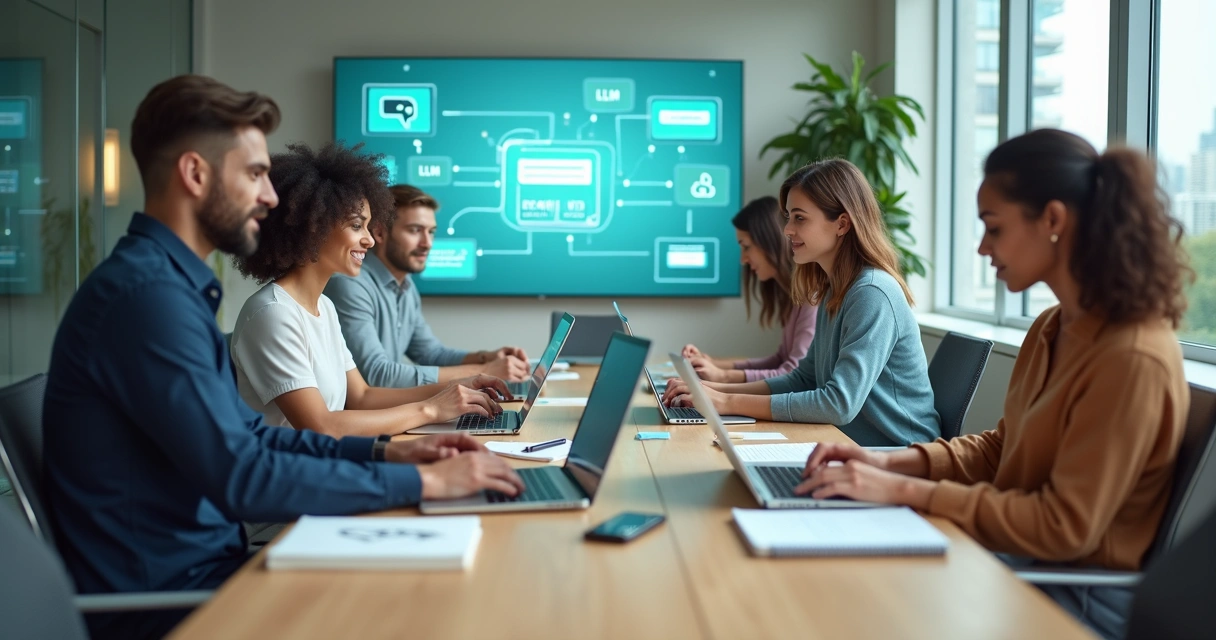 Brand marketing team using AI prompts on laptops in a modern office 