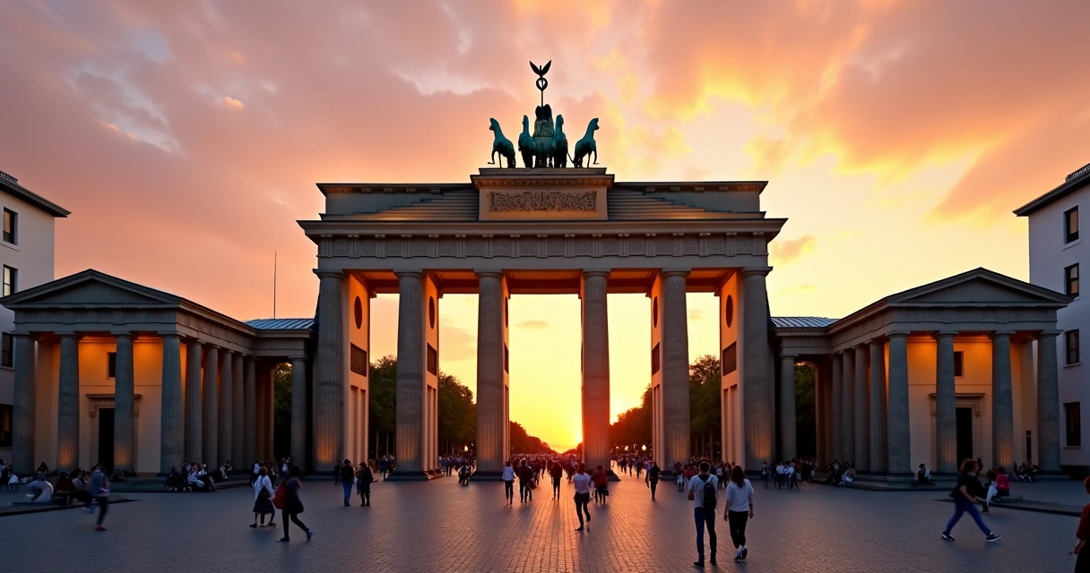 Portão de Brandemburgo iluminado ao pôr do sol com céu colorido e pessoas caminhando 