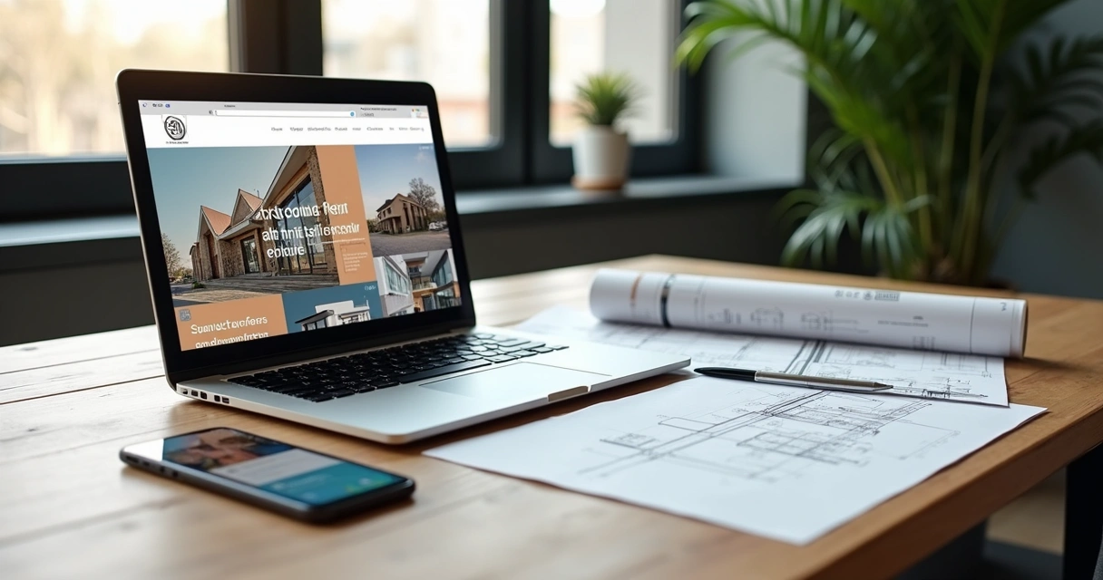 Mesa de escritório moderno com laptop aberto mostrando site de arquitetura, moodboard com paleta de cores e logos, plantas arquitetônicas e smartphone exibindo redes sociais de construção 