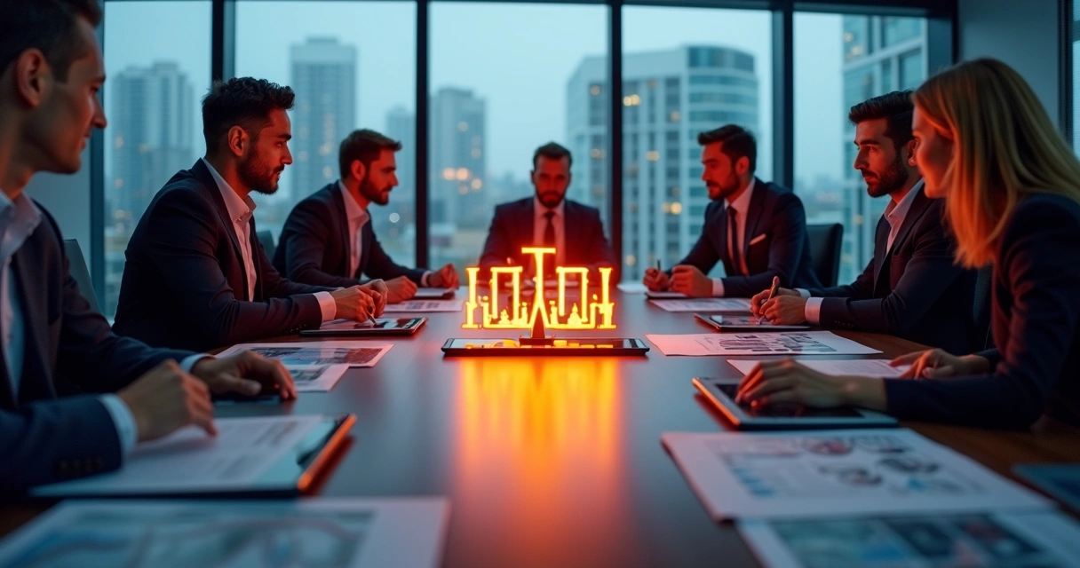 Mesa de reuniões com líderes de negócios olhando gráficos e um logo de empresa forte ao centro