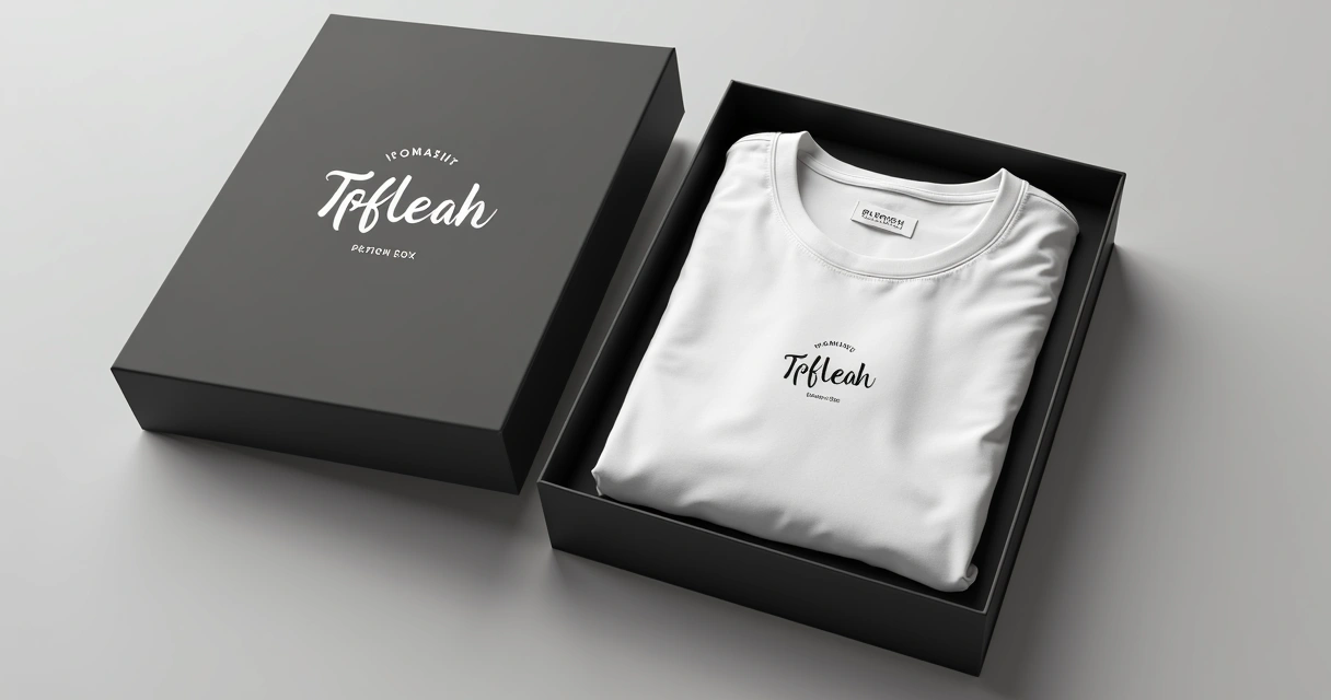 Camiseta personalizada dobrada dentro de caixa com logo da empresa e etiquetas detalhadas 