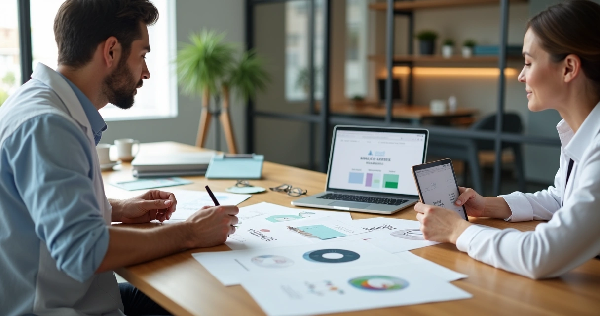 Dentista e consultor alinhando identidade visual de clínica odontológica em mesa de planejamento 