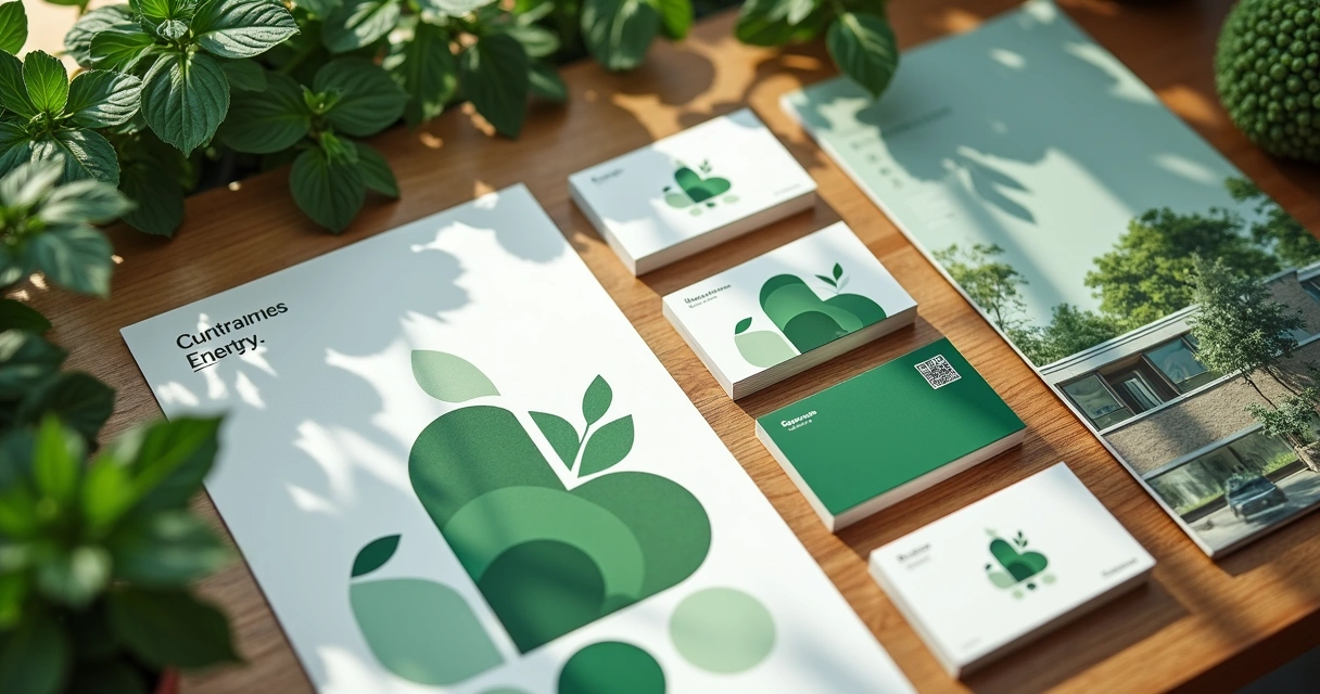 Material gráfico de construtora sustentável exibindo logomarca, paleta de cores verdes e elementos naturais 