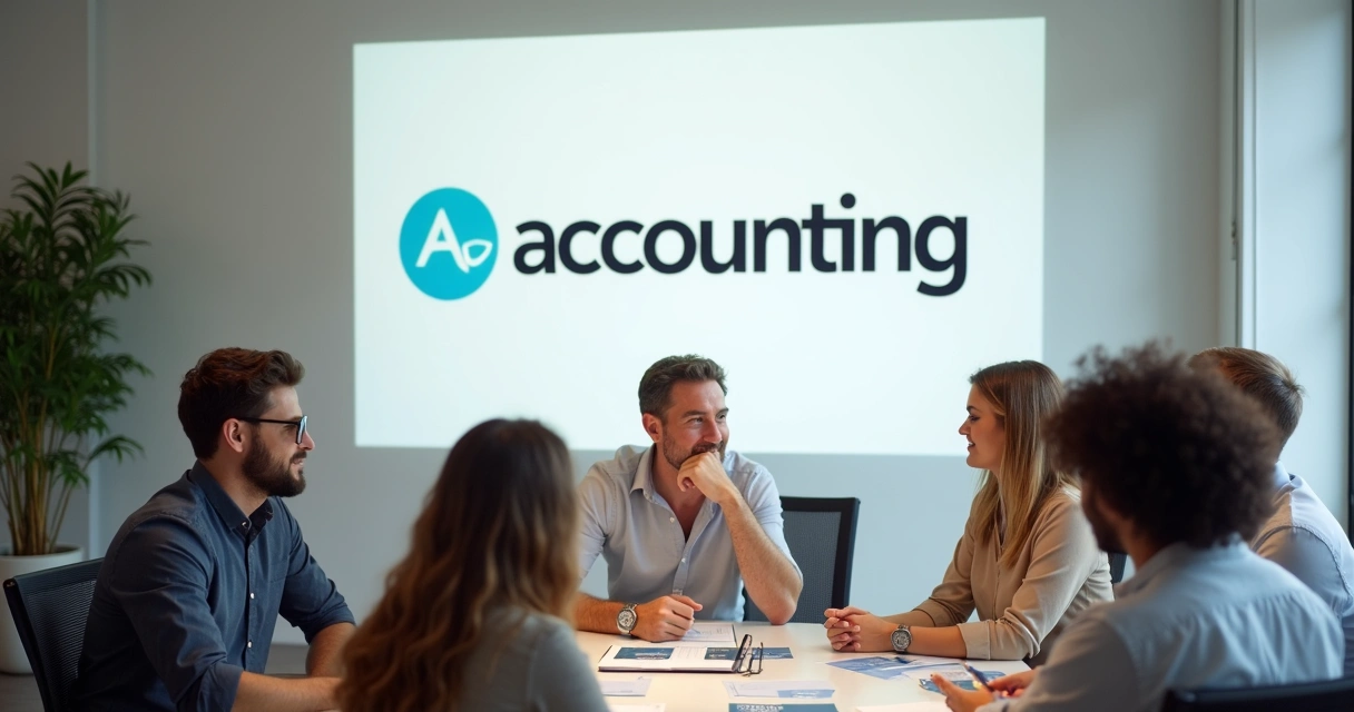 Logo de escritório de contabilidade projetado na parede com equipe reunida