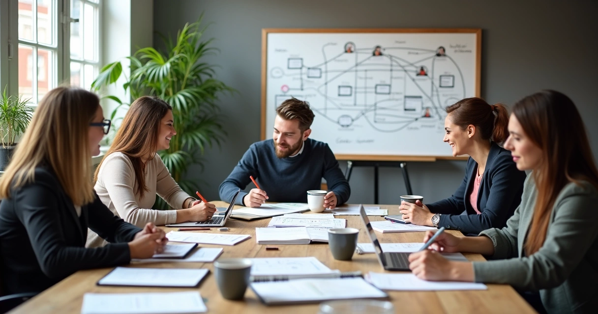 Equipe reunida planejando branding, conteúdo e ações digitais. 