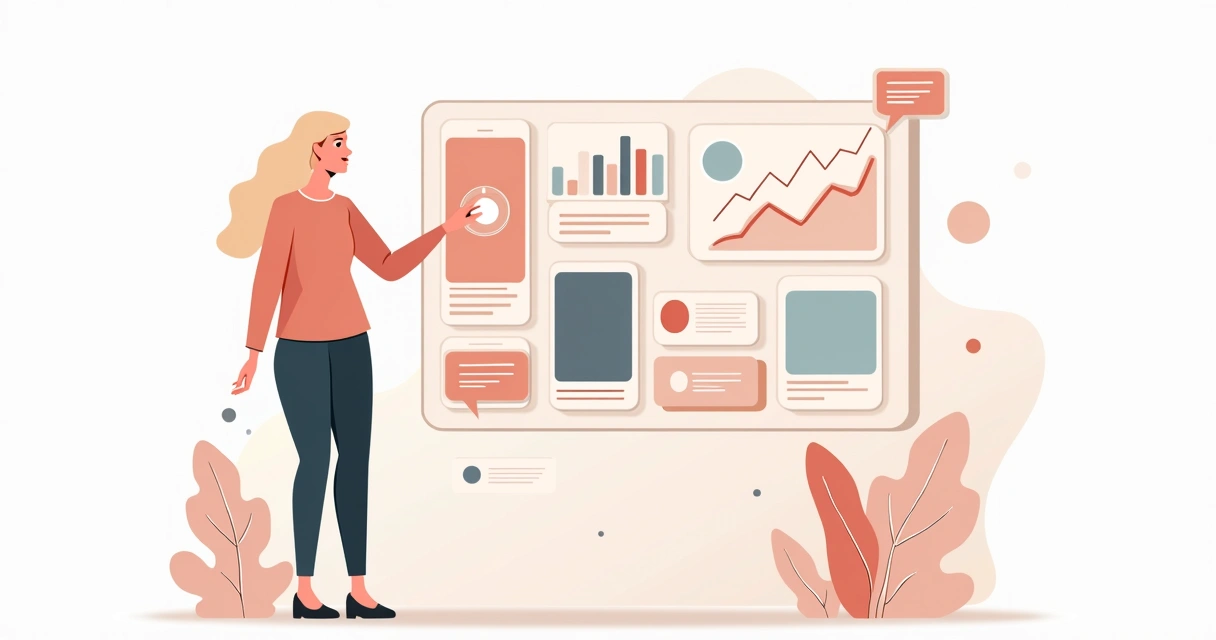 Ilustração de mulher estrategista ajustando painel digital de branding 