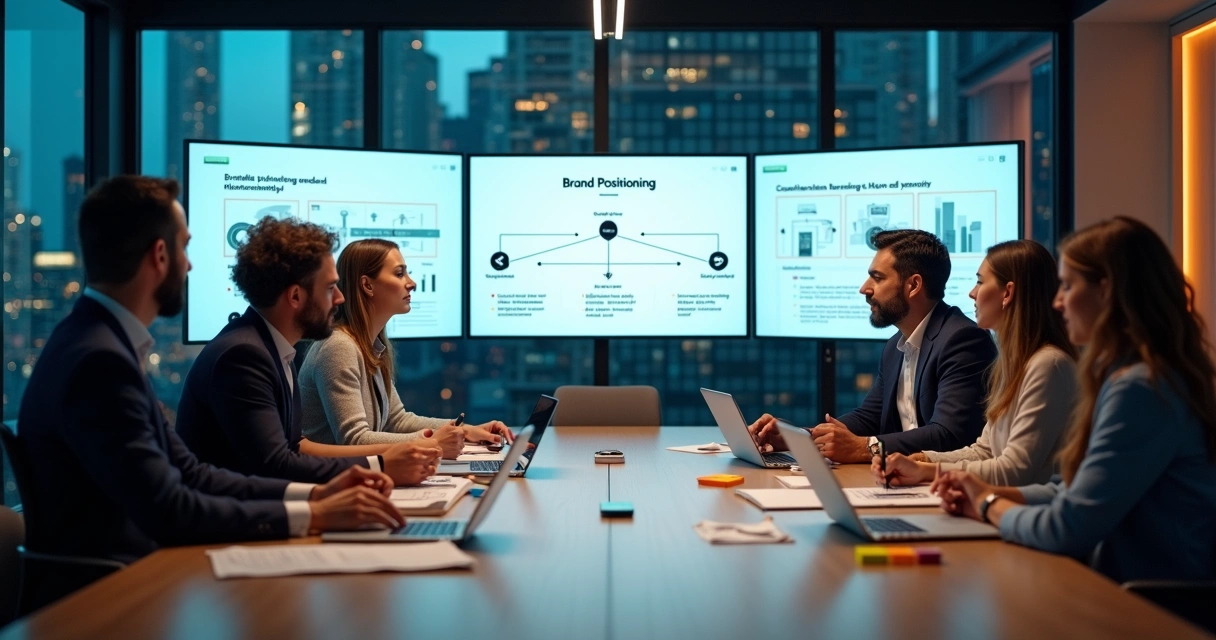 Equipe de marketing analisando estratégia de branding digital em telas gigantes 