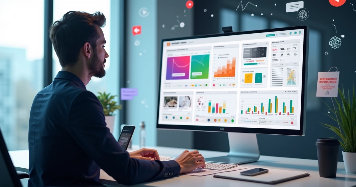 Empresária analisando painel digital com indicadores de marca 