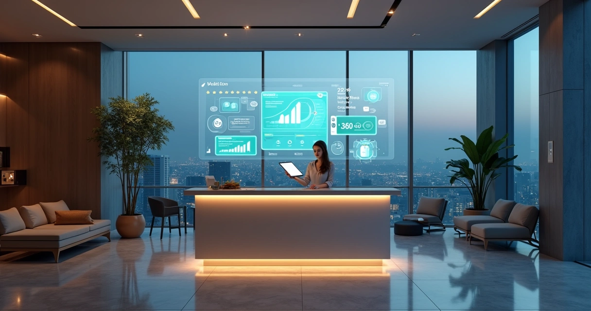 Recepcionista de hotel usando tablet com telas de marketing digital ao fundo 