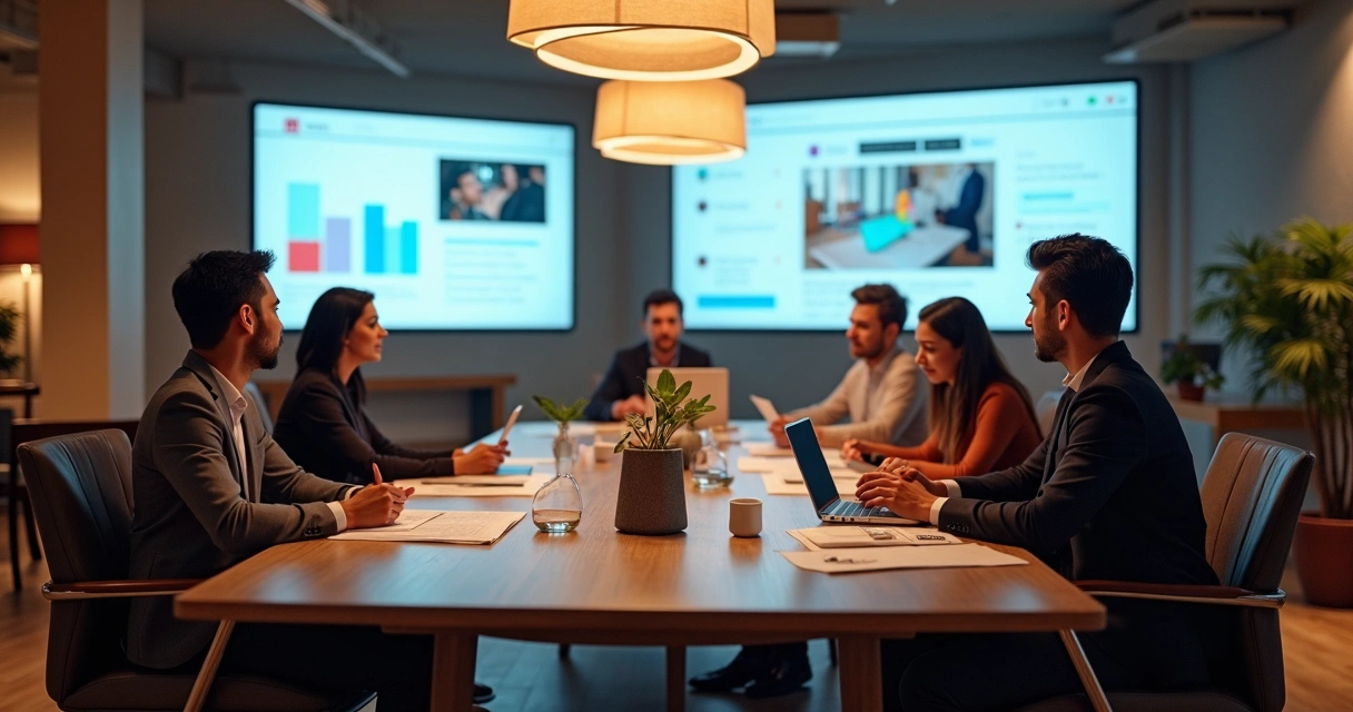 Equipe de marketing em hotel definindo branding digital 