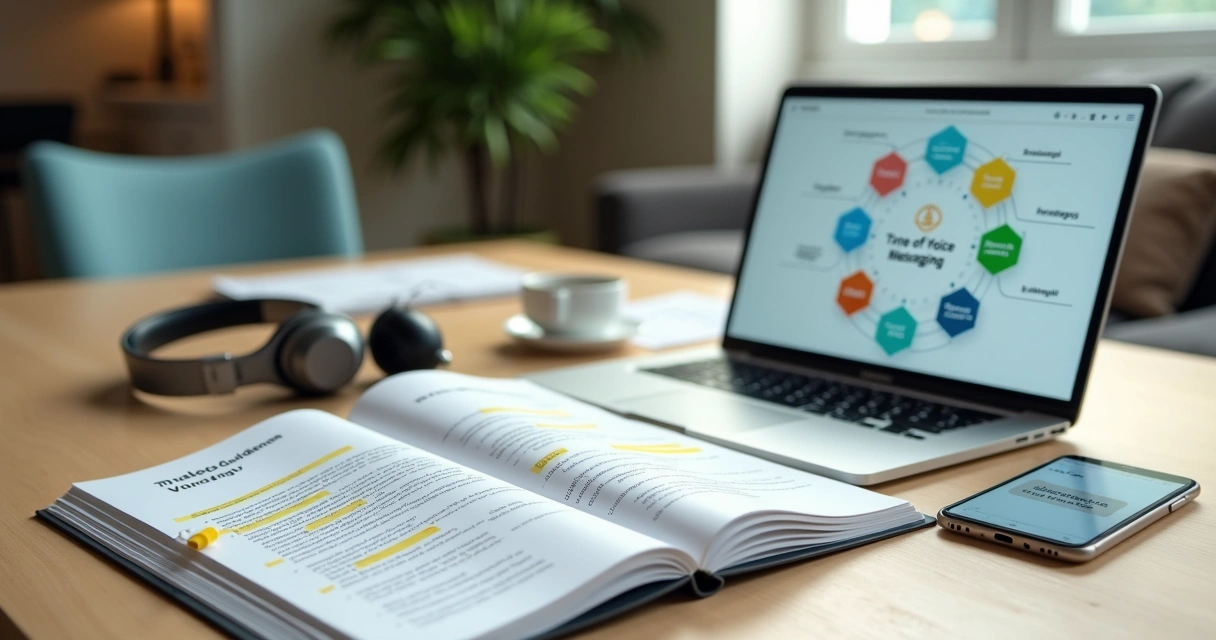 Painel com ícones de canais digitais conectados e manual de marca aberto com diretrizes de tom de voz 