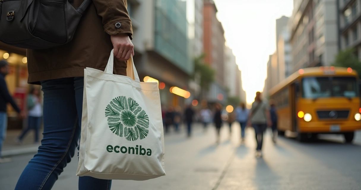 Pessoa segurando ecobag personalizada com logotipo de empresa no centro do Rio 