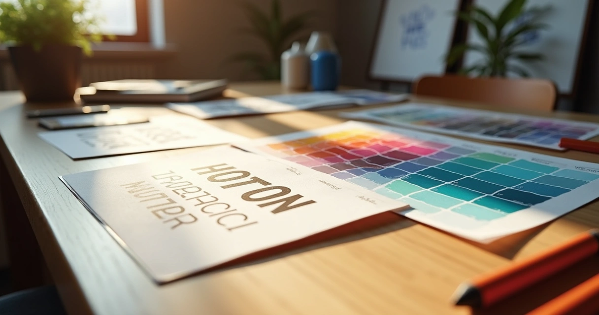 Branding elements flat lay with color swatches, logo print, and font samples