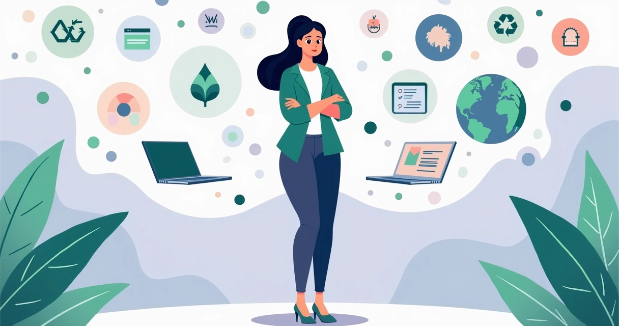 Mulher empreendedora com elementos visuais de branding e ícones de sustentabilidade ao redor 