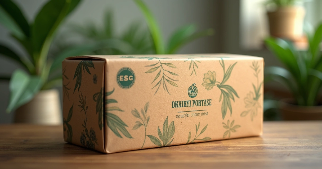 Embalagem artesanal sustentável com símbolo de ESG e detalhes da marca 