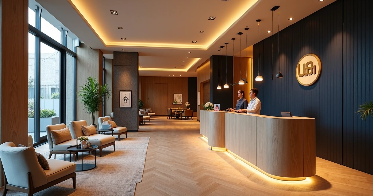 Recepcionista em lobby de hotel moderno alinhado à identidade visual da marca 