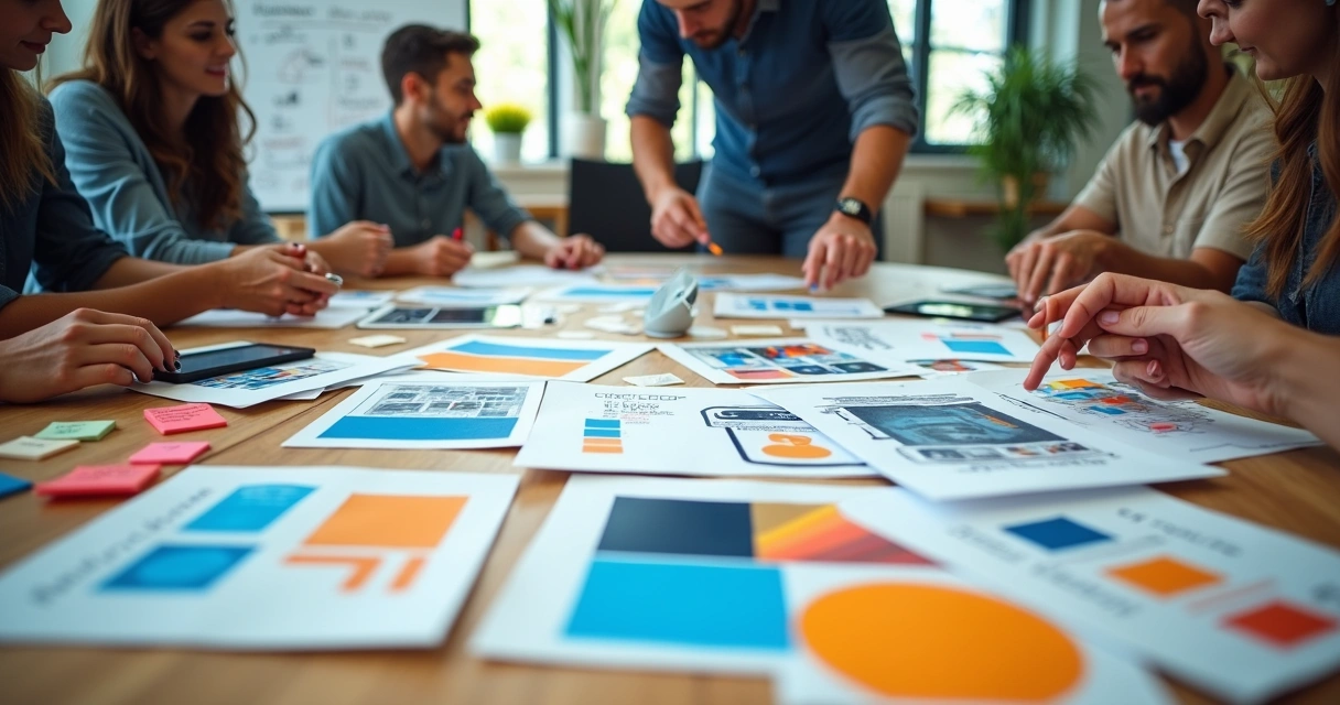 Mesa de trabalho criativa com colagem visual representando gestão e expressão de marca 