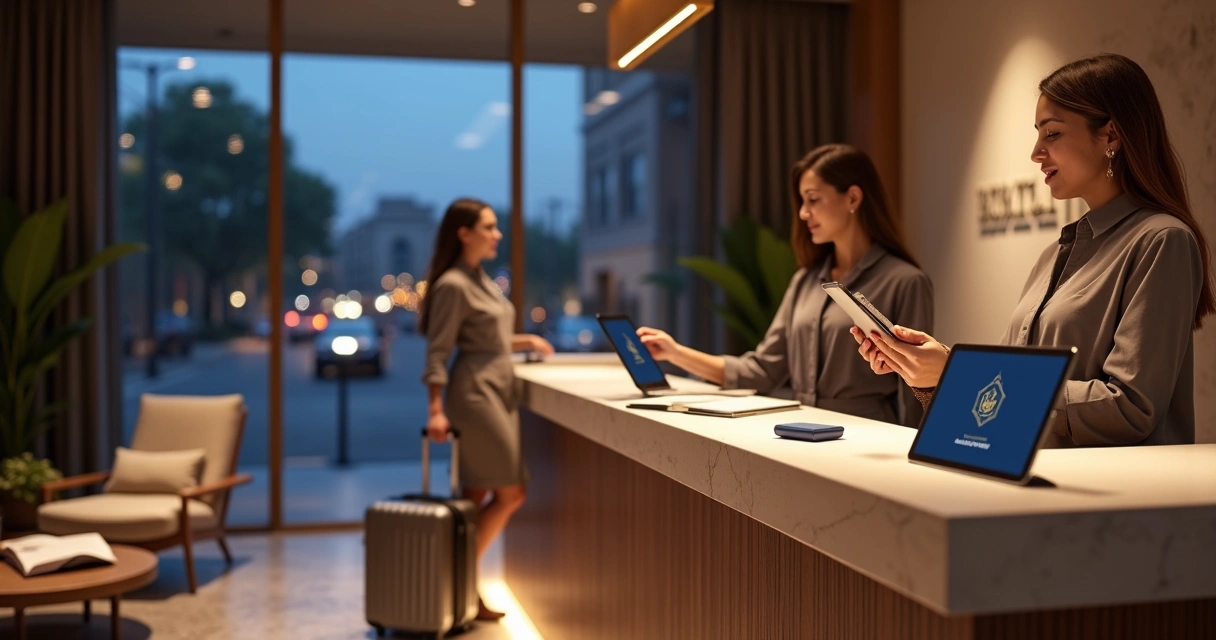 Recepcionista mostra identidade visual do hotel em tablet para hóspede em lobby moderno 