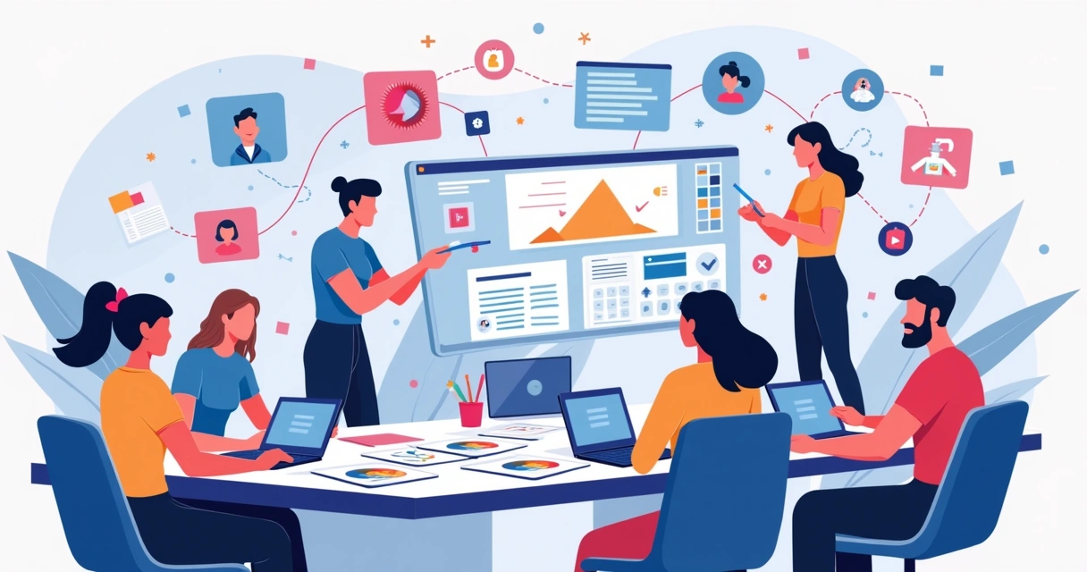 Ilustração corporativa plana representando pessoas trabalhando em equipe para criar identidade visual e branding com elementos de tecnologia e design 