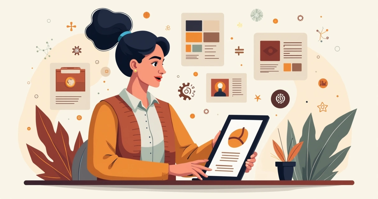 Ilustração corporativa flat de mulher empreendedora revisando identidade visual de marca com elementos de design e tecnologia ao redor 