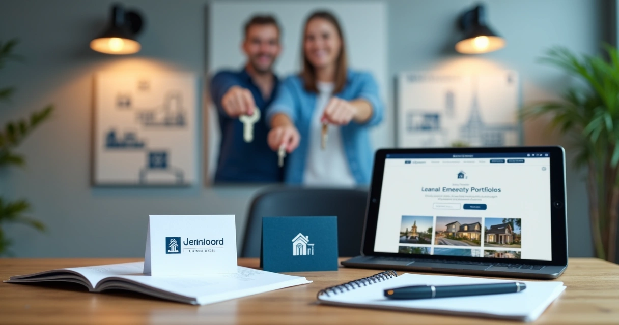 Materiais de branding para imobiliária numa mesa 
