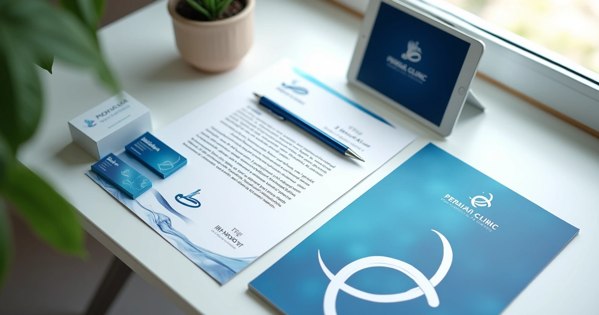 Material de identidade visual de clínica médica sobre uma mesa 