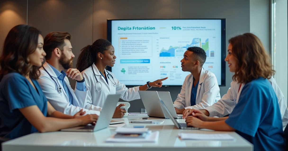 Equipe médica reunida em consultório moderno discutindo estratégias digitais. 