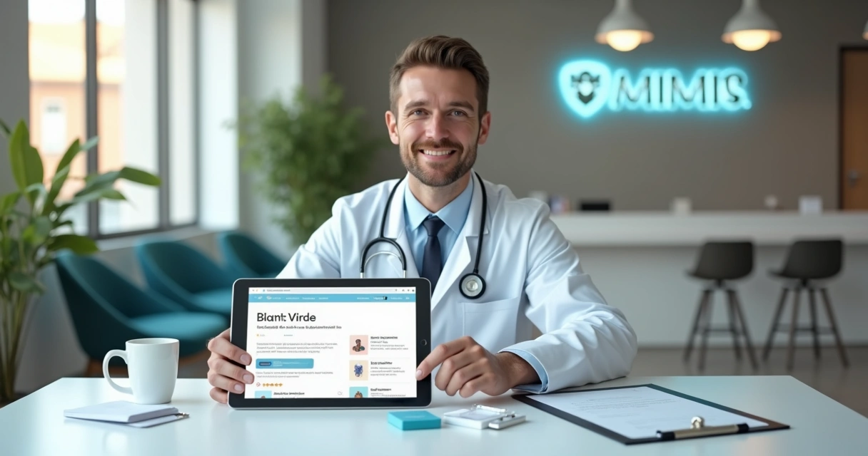 Médico em consultório moderno analisando identidade visual em tablet 