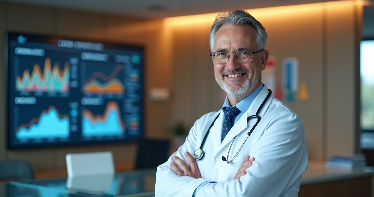 Médico em consultório transmitindo confiança com identidade visual sólida ao fundo 