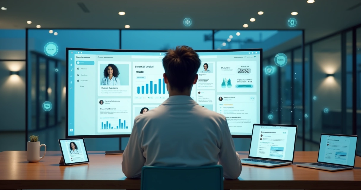 Profissional de saúde analisando estratégias de autoridade digital em várias telas 