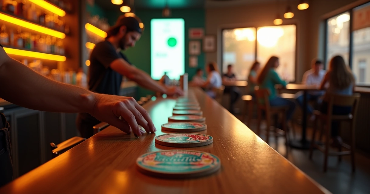 Garçom posiciona porta-copos de marca alinhados em balcão de bar moderno 