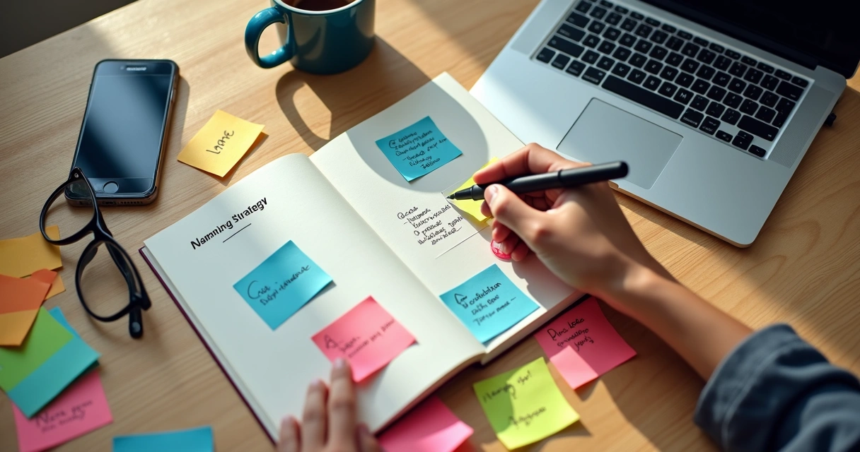 Profissional apontando opções de nomes de marca em post-its coloridos sobre mesa de trabalho 