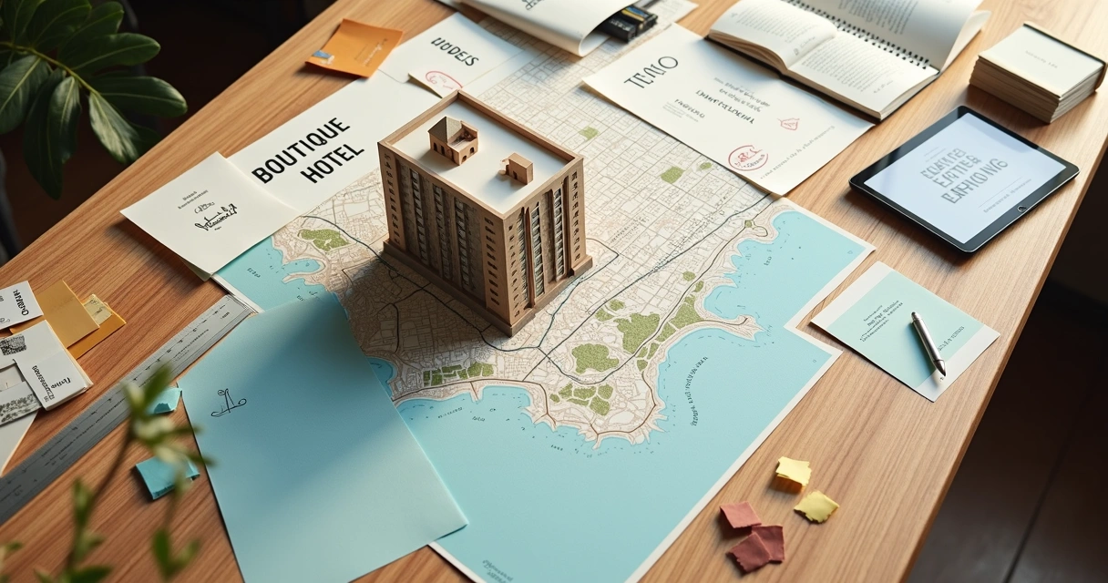 Mesa com mapa da cidade maquete de hotel e rascunhos de nomes de marca 