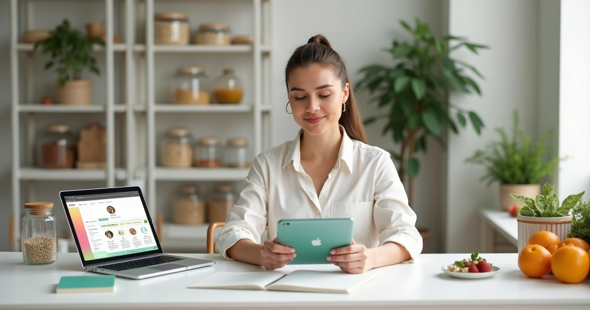 Nutricionista em consultório moderno usando tablet com identidade visual personalizada 