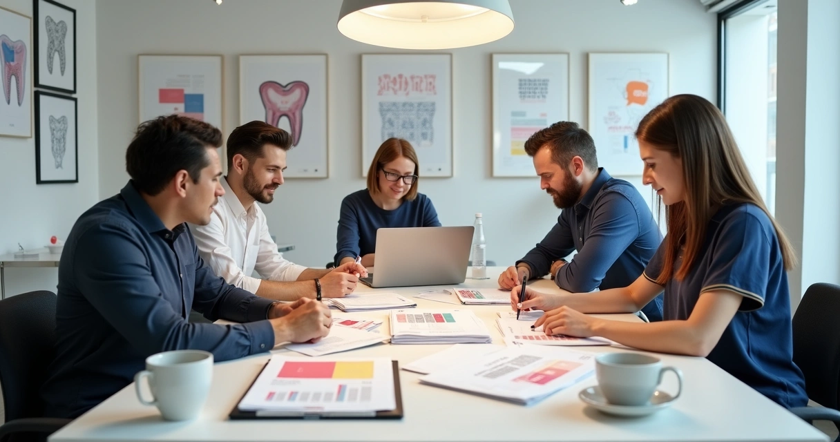Equipe odontológica revisando planejamento e orçamento de branding 