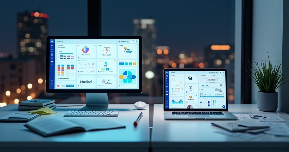Comparação visual entre interface sofisticada de branding e solução genérica em mesa de agência 