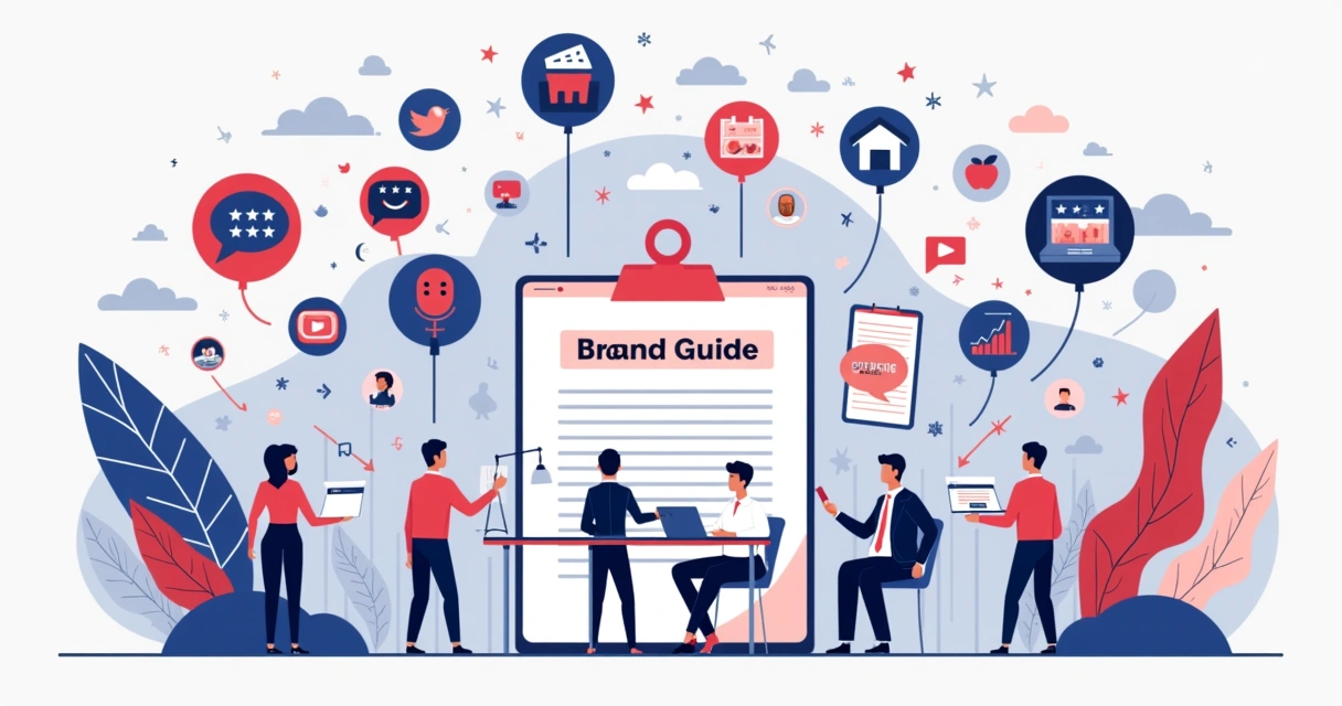 Elementos visuais representando integração de branding político em mídias online e offline 