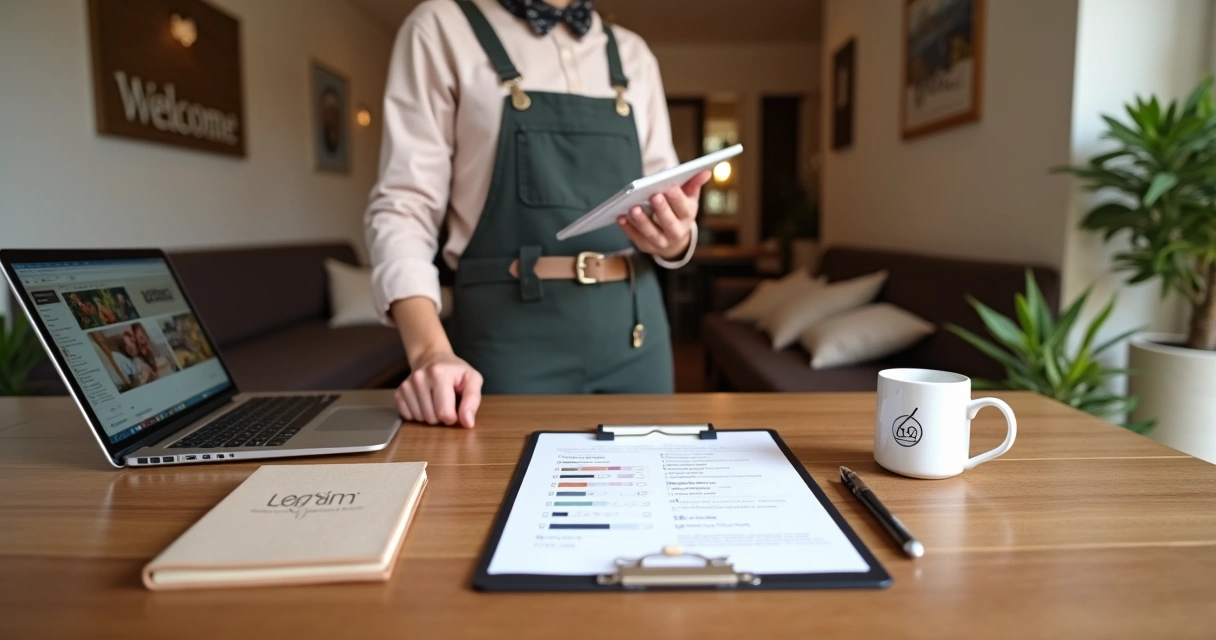 Recepcionista em pequena pousada usando checklist de branding em mesa organizada 