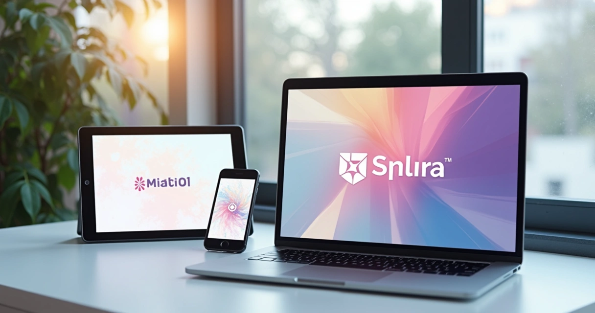 Identidade visual de marca digital exibida em diferentes dispositivos 